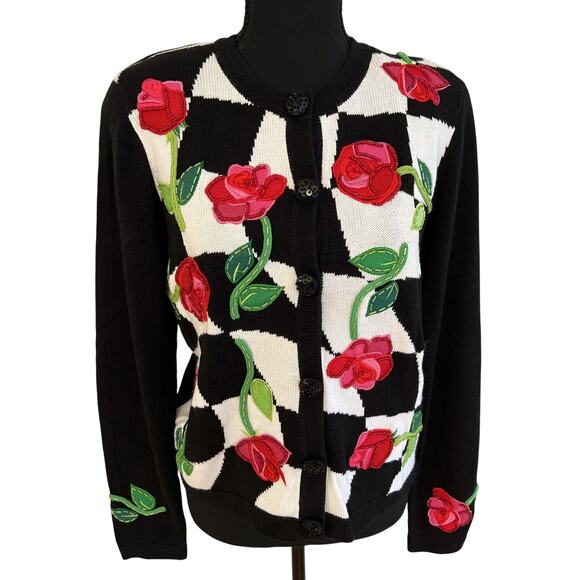 Embellished Red Roses Check Cardigan Sequin Size Small Black White Embroidery - Picture 2 of 16